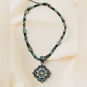 Carolyn Pollack Malachite, Prenhite & Turquoise Necklace & Mandala Pendant